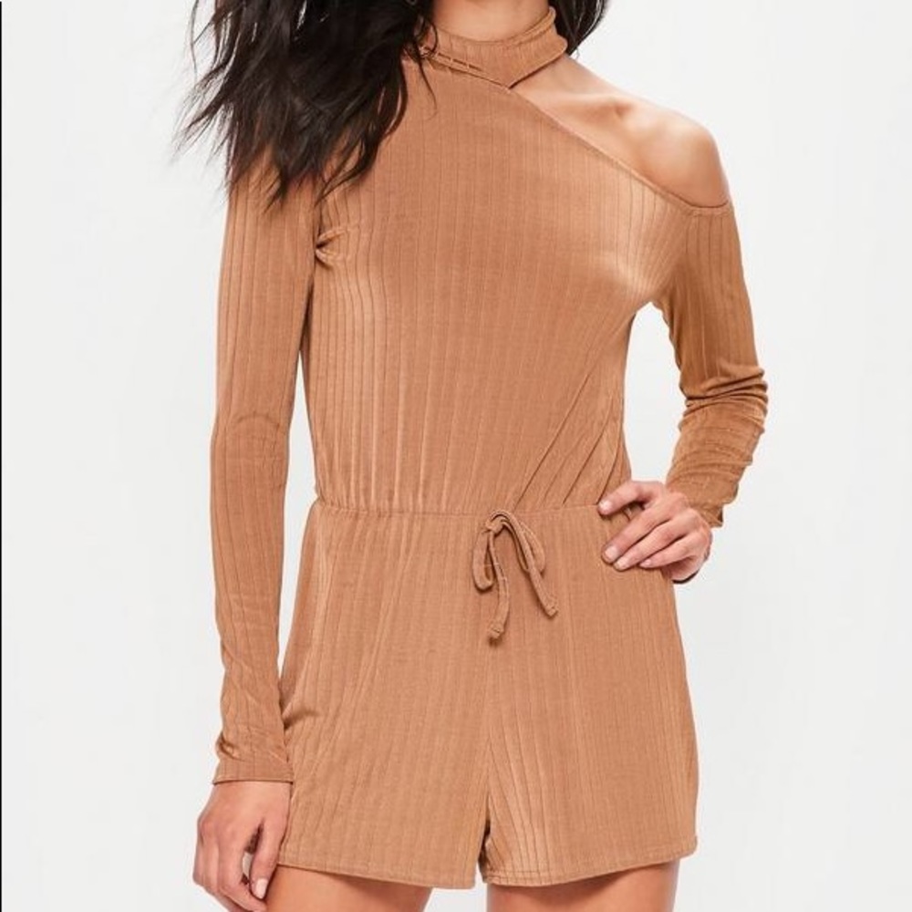 camel ribbed choker neck cut away romper